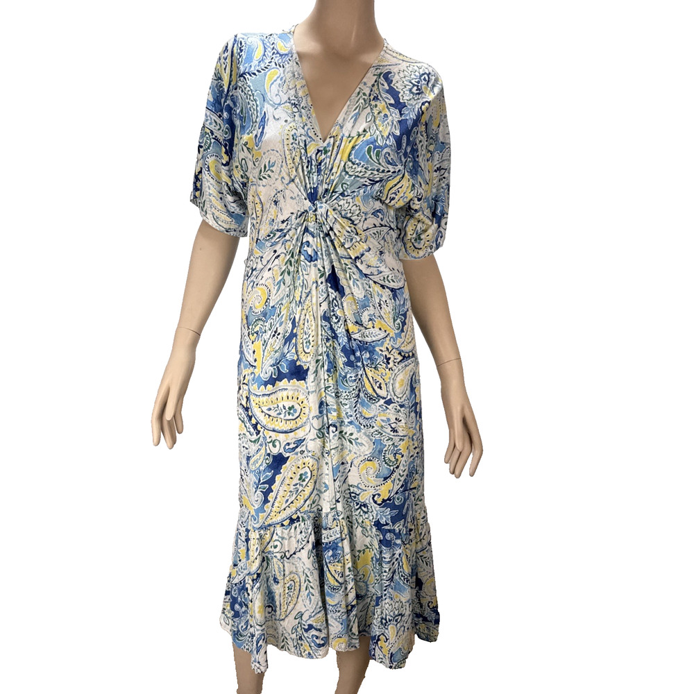 Ralph Lauren‎ Paisley A-Line Midi Dress Size L Blue White Linen Viscose Jersey